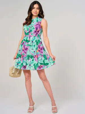 WOMEN'S SLEEVELESS BUTTON UP FRONT POCKETS FLORAL MINI DRESS