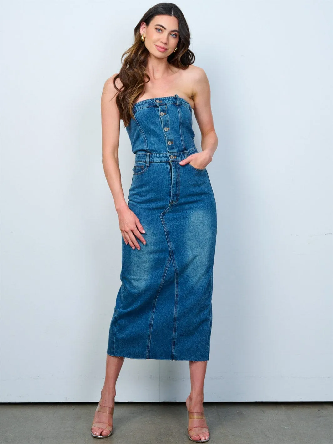 WOMEN'S SLEEVELESS BUTTON UP FRONT POCKETS WASHED TUBE DENIM MAXI DRESS