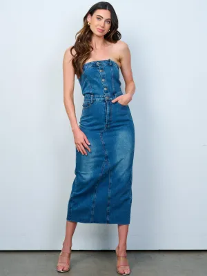 WOMEN'S SLEEVELESS BUTTON UP FRONT POCKETS WASHED TUBE DENIM MAXI DRESS