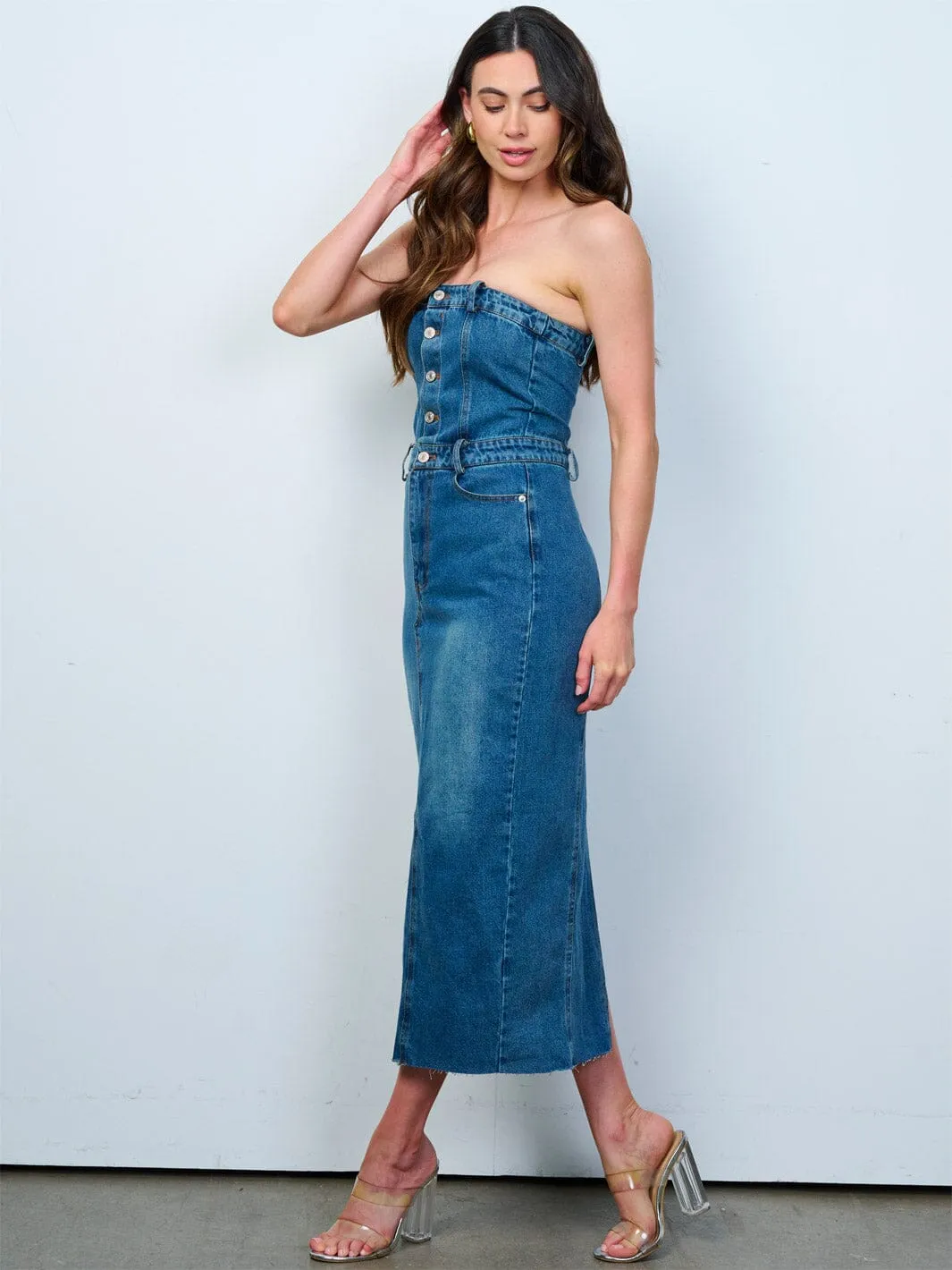 WOMEN'S SLEEVELESS BUTTON UP FRONT POCKETS WASHED TUBE DENIM MAXI DRESS
