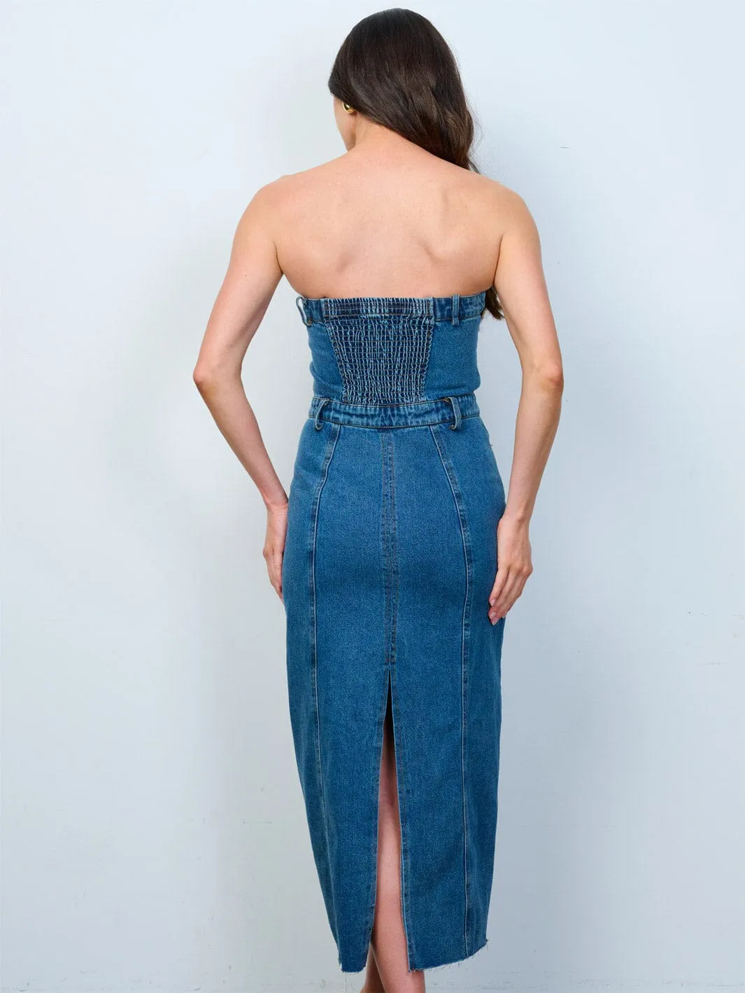 WOMEN'S SLEEVELESS BUTTON UP FRONT POCKETS WASHED TUBE DENIM MAXI DRESS