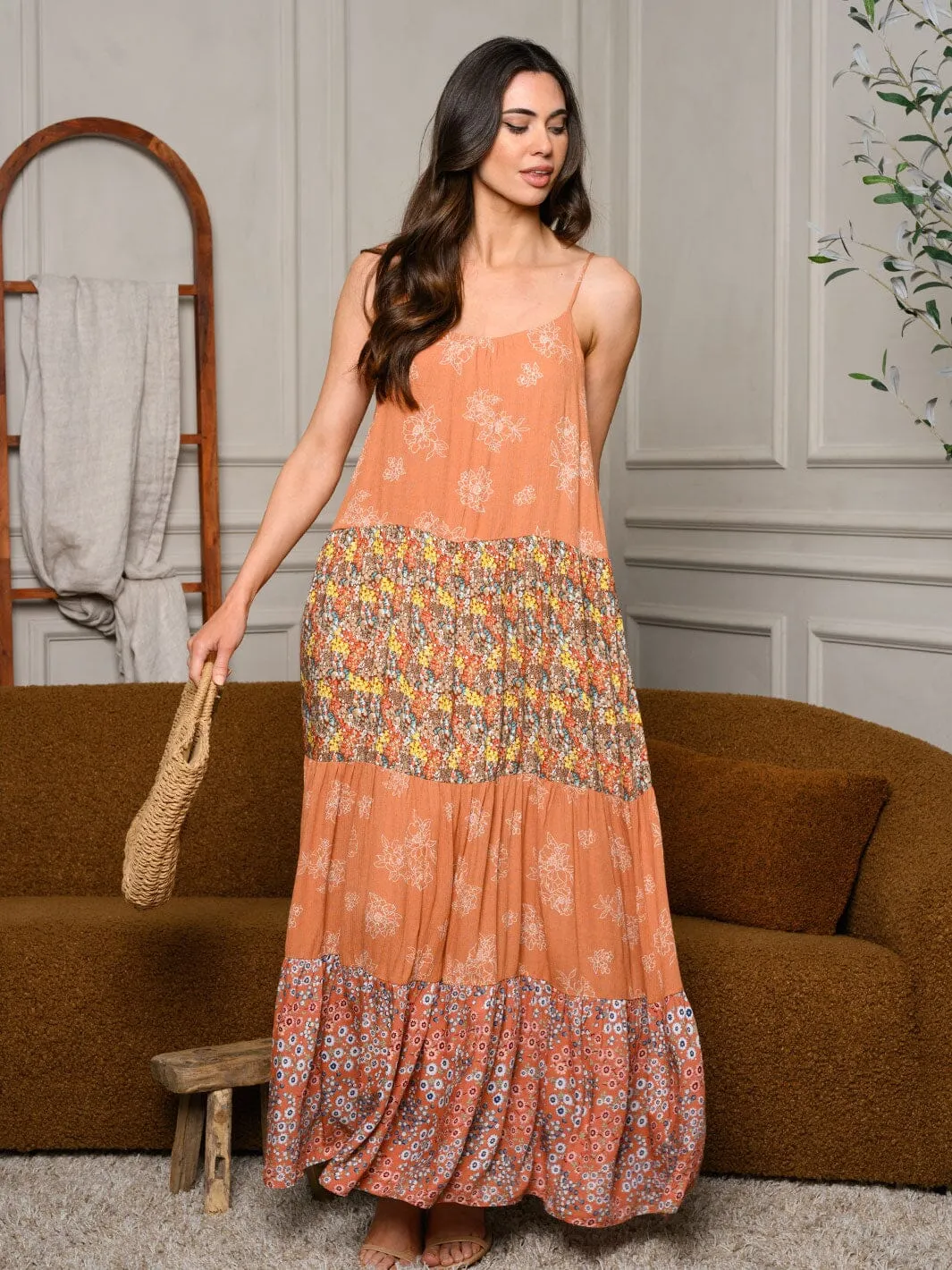WOMEN'S SLEEVELESS COLORBLOCK MULTI PRINT MAXI DRESS