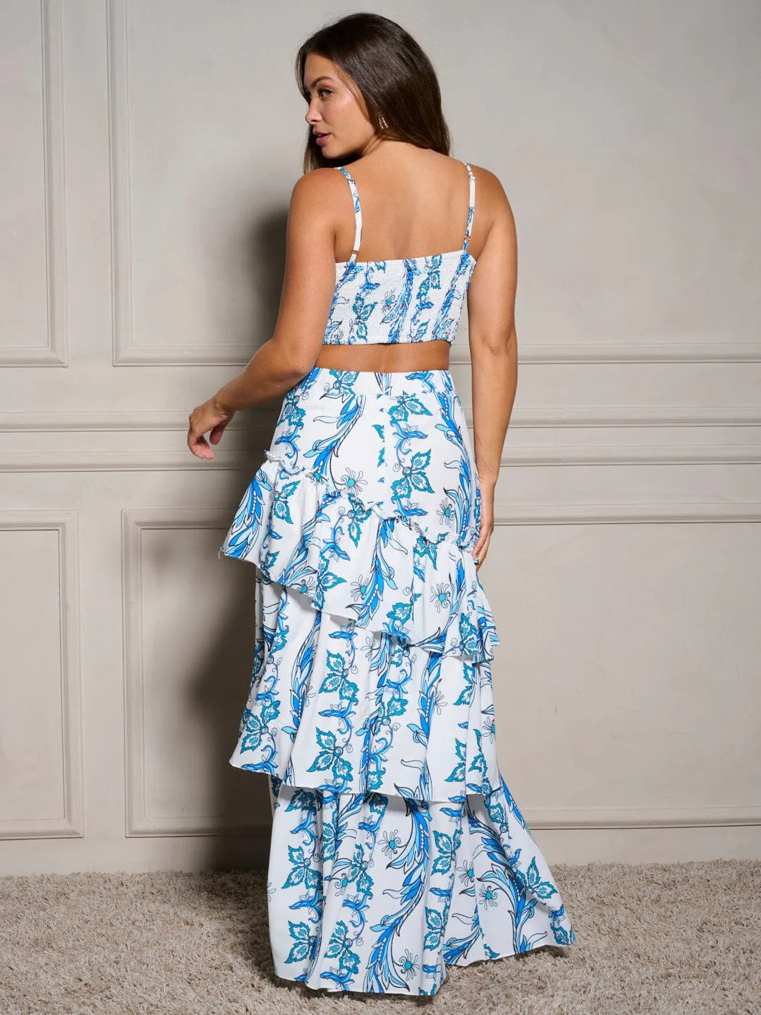 WOMEN'S SLEEVELESS CROP TOP & RUFFLE SKIRT FLORAL 2PC. SET