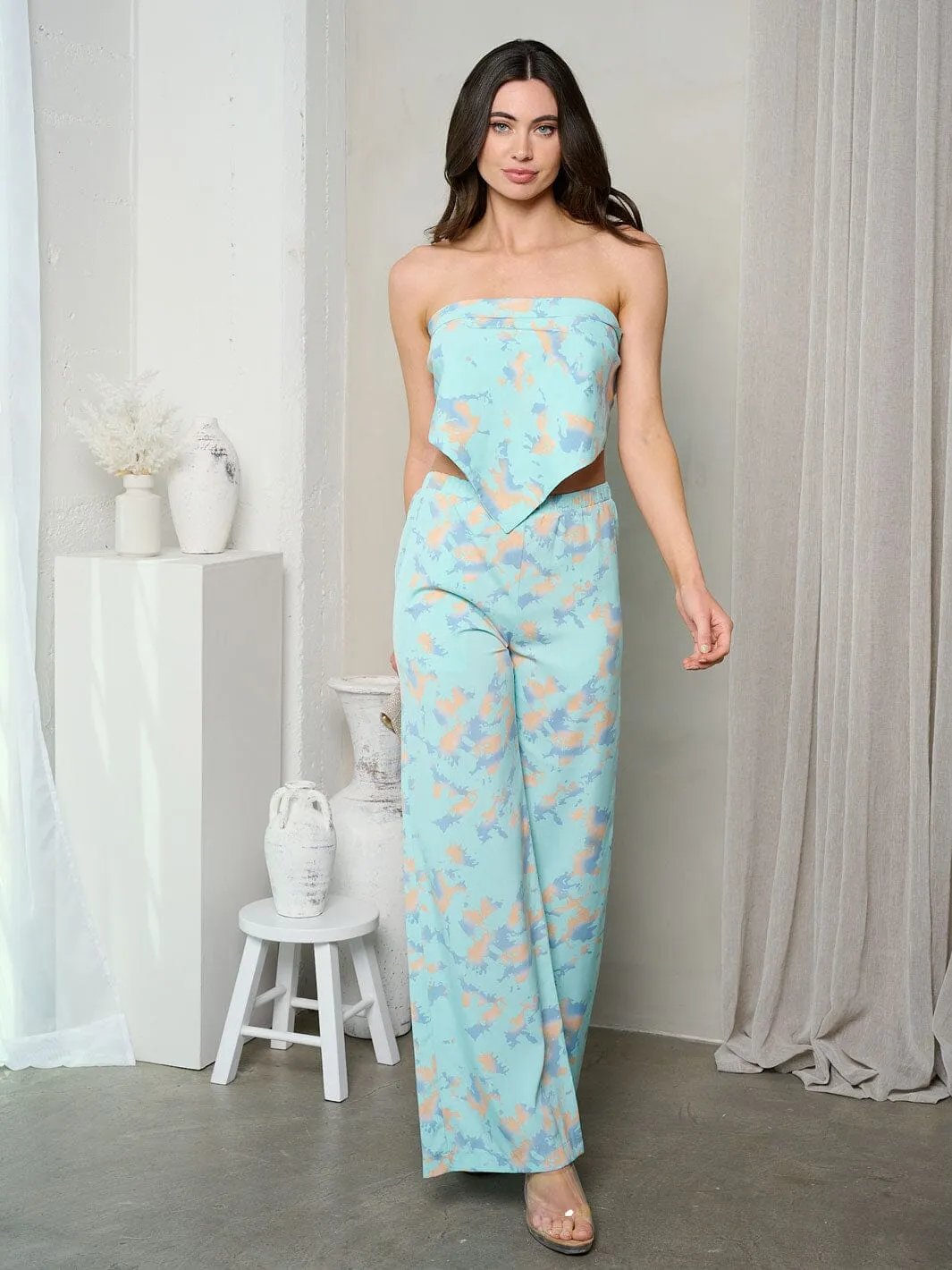 WOMEN'S SLEEVELESS CROP TOP & WIDE LEG MULTI PRINT SET