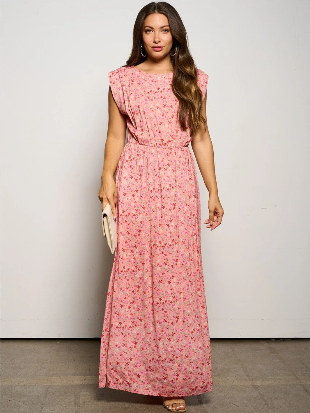 WOMEN'S SLEEVELESS ELASTIC WAIST POCKETS FLORAL MAXI DRESS
