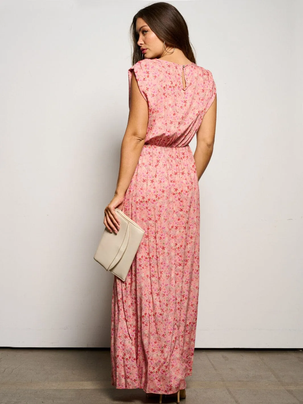 WOMEN'S SLEEVELESS ELASTIC WAIST POCKETS FLORAL MAXI DRESS