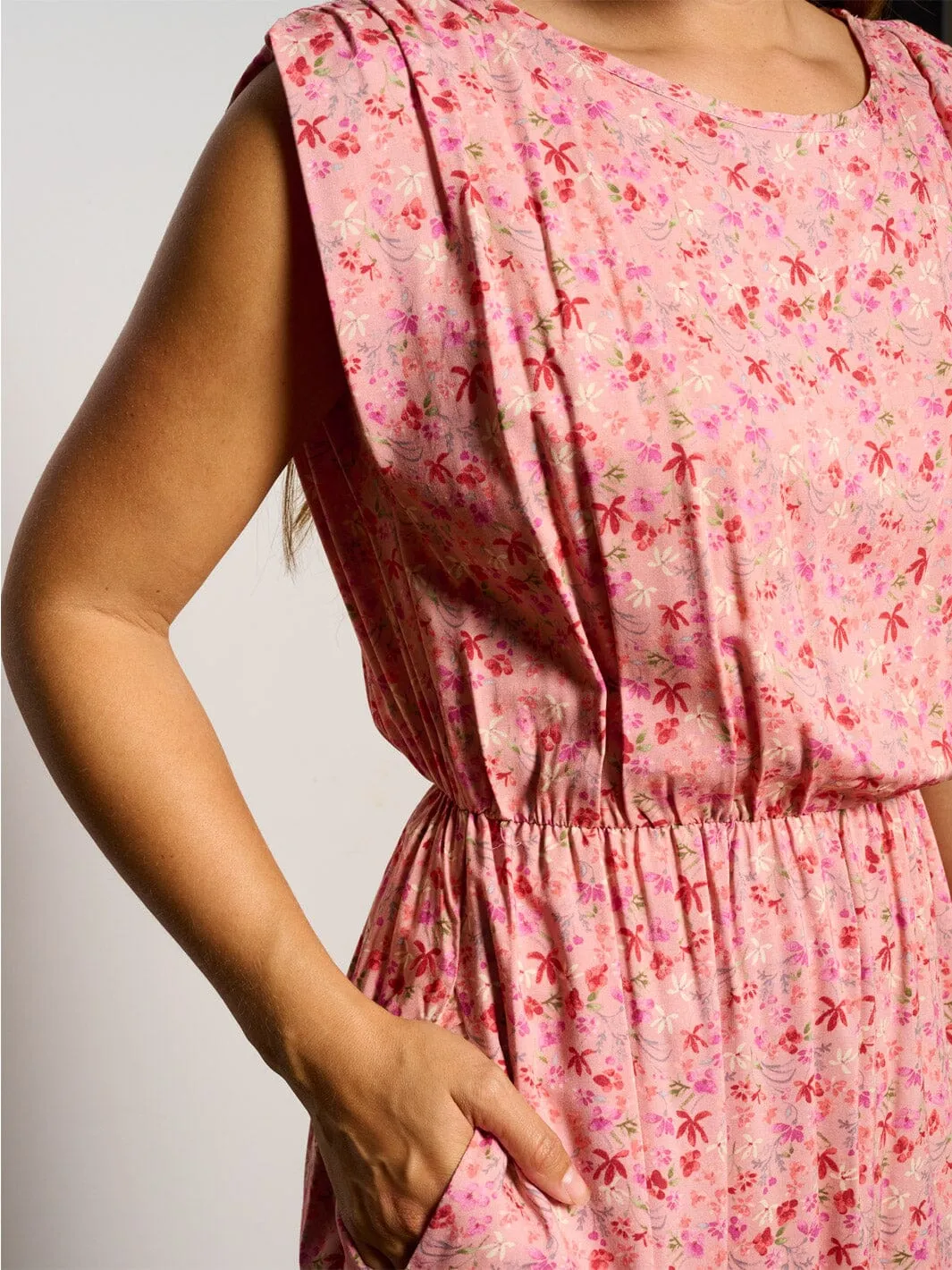 WOMEN'S SLEEVELESS ELASTIC WAIST POCKETS FLORAL MAXI DRESS
