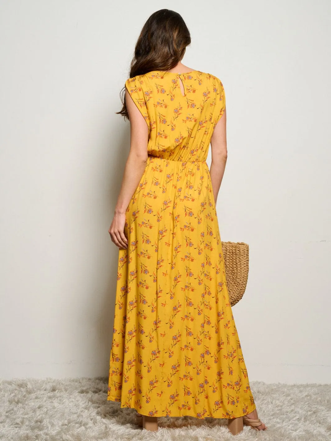 WOMEN'S SLEEVELESS POCKETS  ELASTIC WAIST FLORAL MAXI DRESS