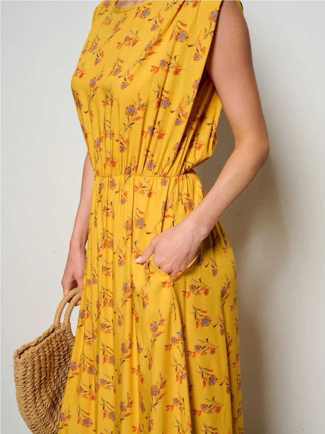 WOMEN'S SLEEVELESS POCKETS  ELASTIC WAIST FLORAL MAXI DRESS