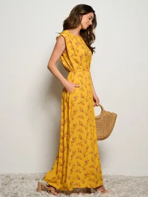 WOMEN'S SLEEVELESS POCKETS  ELASTIC WAIST FLORAL MAXI DRESS