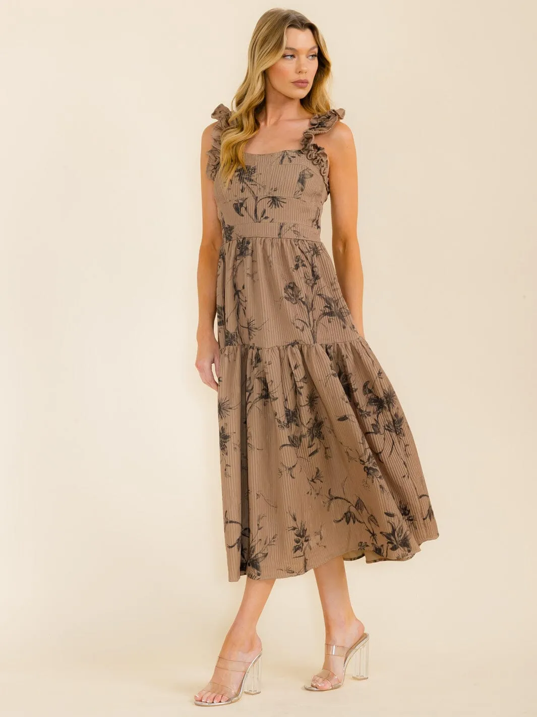 WOMEN'S SLEEVELESS SMOCK TIERED FLORAL MAXI DRESS