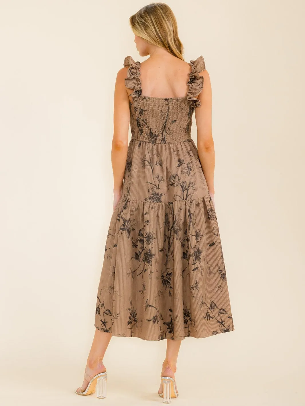 WOMEN'S SLEEVELESS SMOCK TIERED FLORAL MAXI DRESS