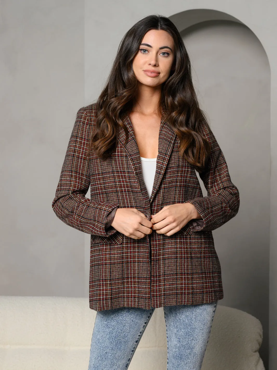 WOMEN'S TARTAN PLAID COLLAR WITH FRONT POCKET JACKET