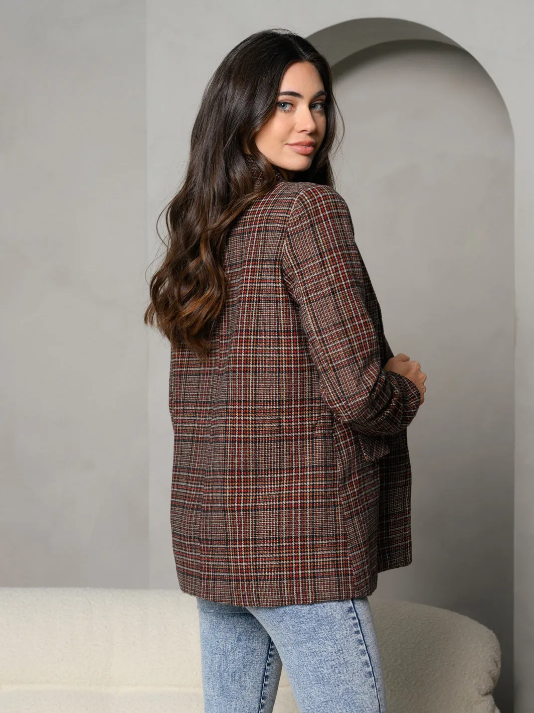 WOMEN'S TARTAN PLAID COLLAR WITH FRONT POCKET JACKET