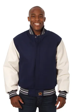 Wool and Leather Varsity Jacket in Navy and White