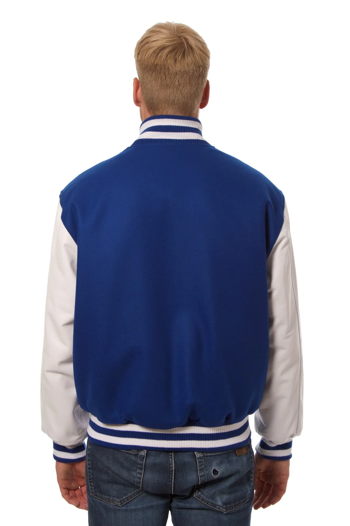 Wool and Leather Varsity Jacket in Royal and White